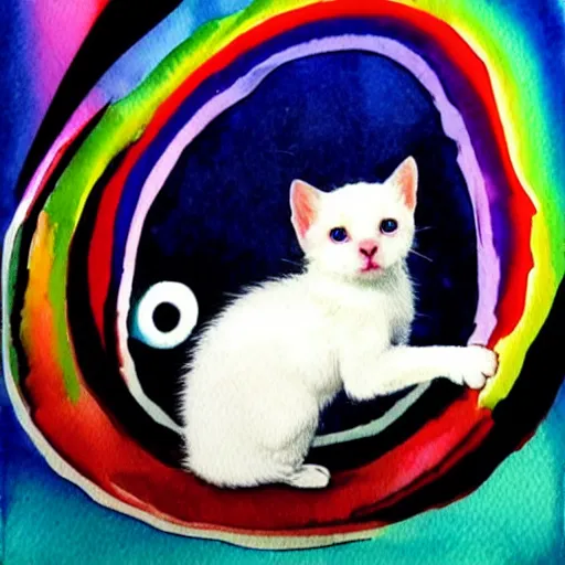 Prompt: a prism magically fractures a white kitten into every color of the rainbow, surreal fantasy watercolor,