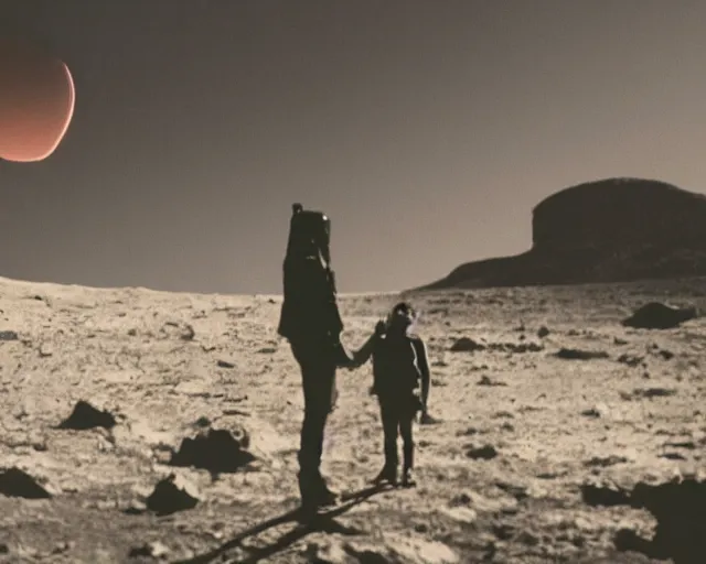 Image similar to film still kim kardashian meeting an alien, on the moon, 5 0 mm.