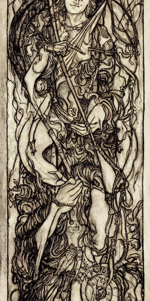 Image similar to tarot card detailed painting, illustration, tarot card framing with roman numbers, in style of Arthur Rackham