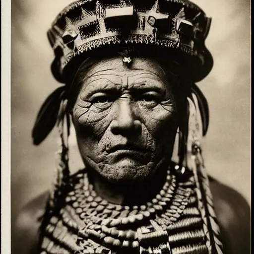 Image similar to vintage photo of an aztec king by edward s curtis, photo journalism, photography, cinematic, national geographic photoshoot