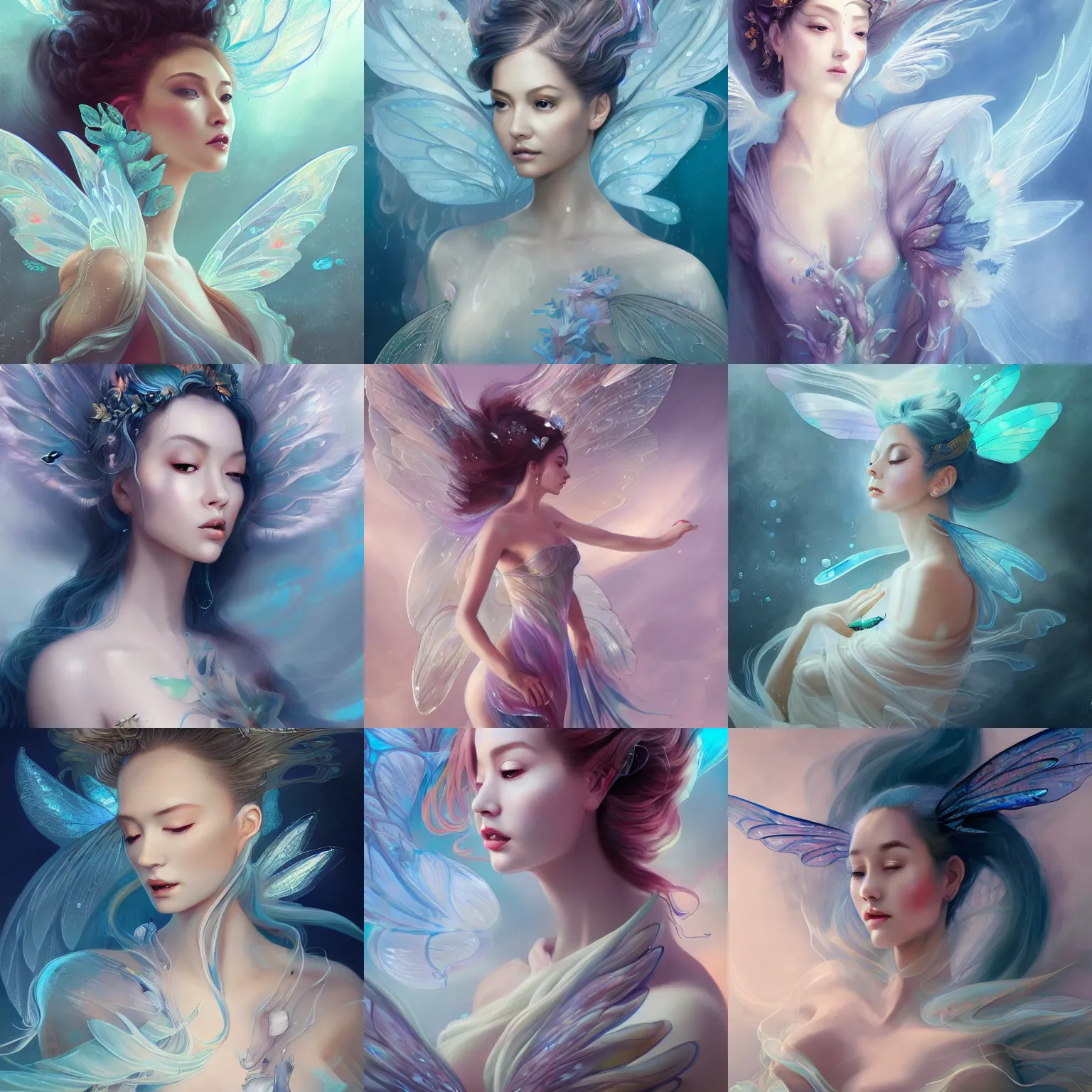 Prompt: prompt portrait of a close up beautiful female fairy, translucent silky dress, fluid simulation, underwater ink env, wispy gigantic wings , hyperrealistic intricate details, asian face, by Peter Mohrbacher, trending on artstation, 8k