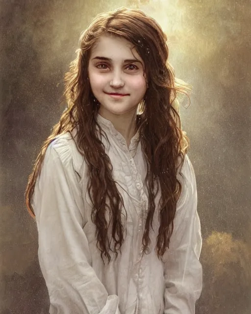 Prompt: portrait of 1 5 - year - old girl, little smile, with large front teeth, hermione, very bushy brown hair, and very bright brown eyes, wearing white shirt, hyper realistic face, beautiful eyes, close up, fantasy art, in the style of greg rutkowski, intricate, alphonse mucha, hyper detailed, smooth