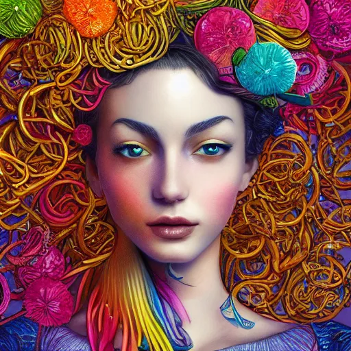 Prompt: the portrait of a ridiculously beautiful and elegant european woman partially made of onion rings of all colors, an ultrafine detailed illustration by james jean, final fantasy, intricate linework, bright colors, behance contest winner, vanitas, angular, altermodern, unreal engine 5 highly rendered, global illumination, radiant light, detailed and intricate environment