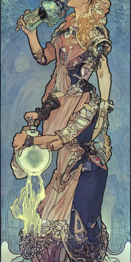 Image similar to a woman wearing outer space as a dress, pouring water from a vase into the milky way, by travis charest, by alphonse mucha, battle chasers.