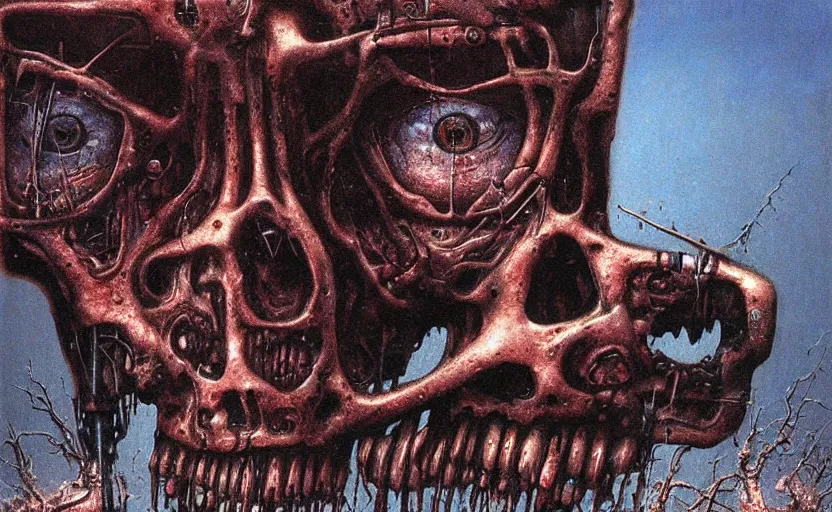 Image similar to terminator endoskeleton crying by beksinski