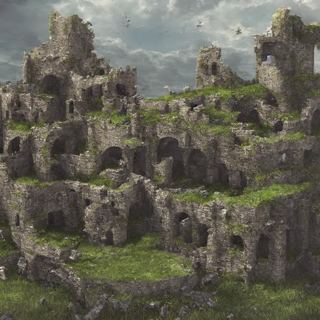 Image similar to looking up at a ruined castle on a small island only reachable by a small land bridge, 8 k, ultra realistic cinematic, intricate, cinematic light, concept art, illustration, art station