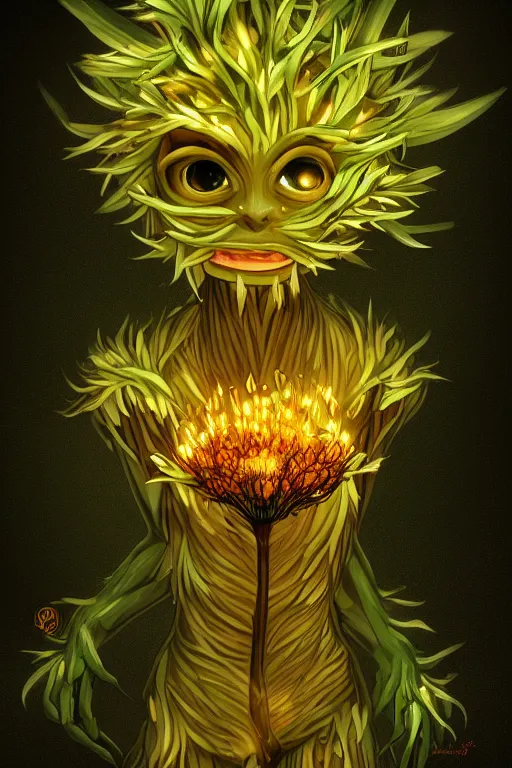Image similar to a humanoid figure dandelion plant monster, amber eyes, highly detailed, digital art, sharp focus, ambient lighting, glowing, full body, trending on art station, anime art style