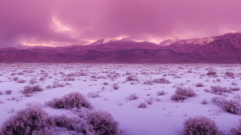 Image similar to soft glow pink desert with snow mountains and cloudy skies, purple fog, thunderstorms in the distance, long exposure, detailed, hyper realistic, photorealism, landscape, ultra wide angle view, peaceful, cinematic, volumetric lighting, god ray through clouds, disturbance