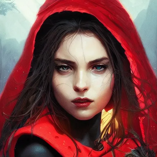 Image similar to Beautiful face Portrait of Little Red Riding Hood with a black panther, intricate, wild, highly detailed, digital painting, artstation, concept art, smooth, sharp focus, illustration, art by artgerm and greg rutkowski and alphonse mucha, footage from space camera