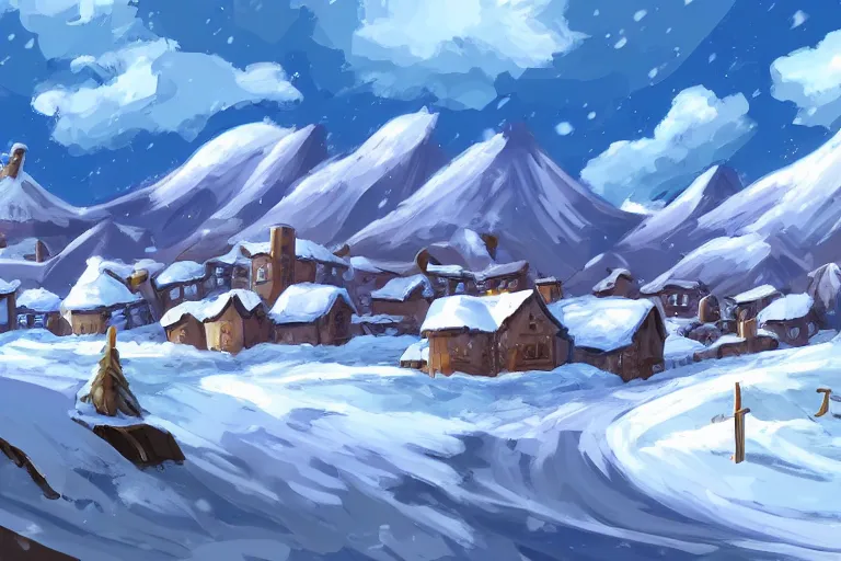 Image similar to snowy Landscape and a village in the background in the style of Pokemon Sword and shild