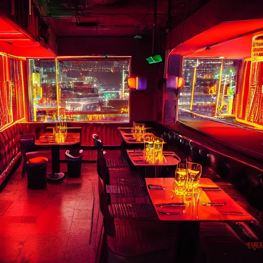 Prompt: wide angle photo of 60‘s retro fancy restaurant interior, neon-decorated urban on night in the city seen through the window,modern interior design, architectural design, vintage, night blade runner, dark, postapocalyptic, clean lines, 4k, octane, colorful ,lunarcore city seen at distance outside, big windows,octane, wide angle