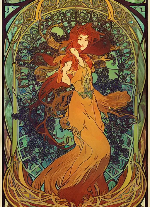 Image similar to spirit of the fox dragon in fiery tale forest in artnouve style by alphonse mucha hiroshi yoshida. artstation trending