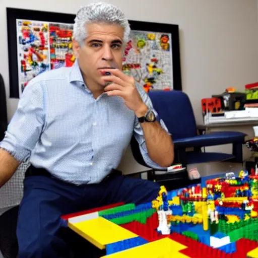 Image similar to Yair Lapid playing with legos in his office, detailed