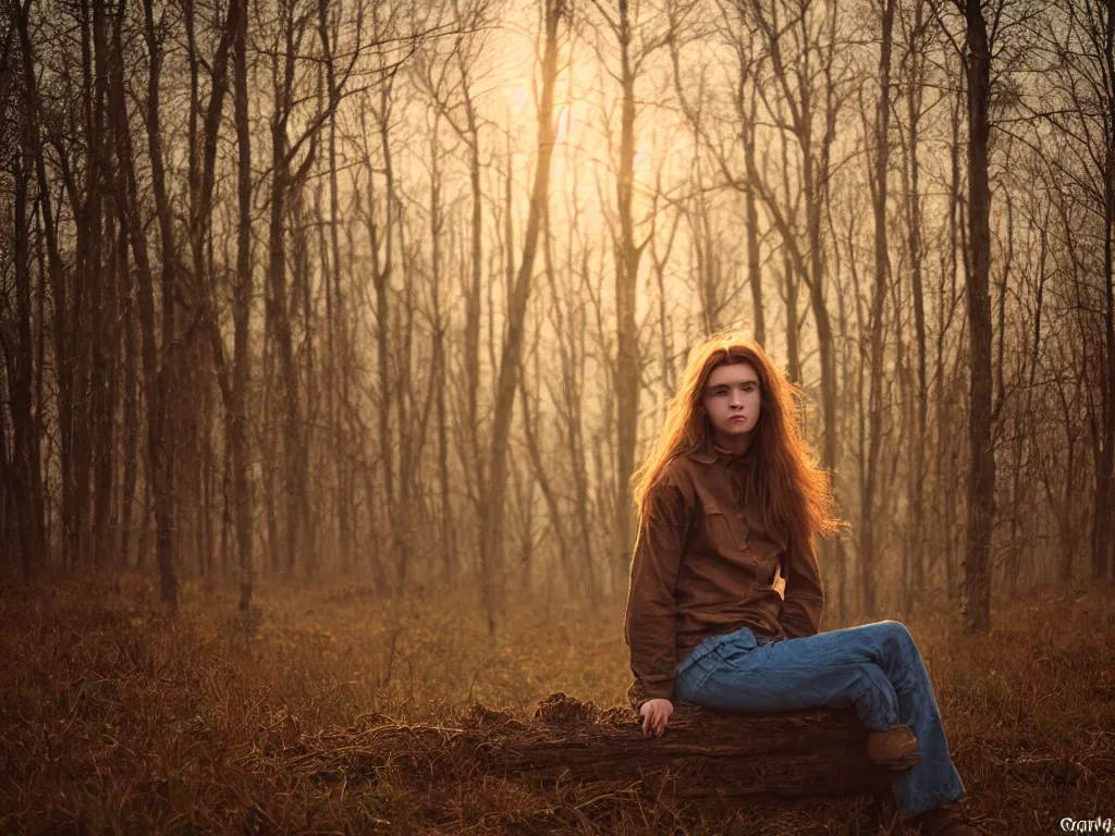 Image similar to medium shot portrait bust of young woman sitting on fence, tired expression, faded color film, russian cinema, tarkovsky, technicolor, heavy forest, wood cabin in distance, shallow depth of field, long brown hair, old clothing, heavy fog, brown color palette, sunset, low light, hudson river school, 4 k, dramatic lighting