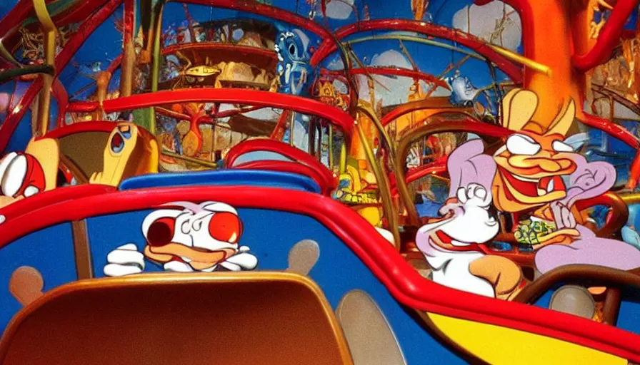 Prompt: 1990s photo of inside the Ren & Stimpy ride at Universal Studios in Orlando, Florida, cinematic, UHD