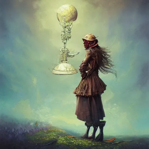 Prompt: a painting of a steampunk female character by gediminas pranckevicius and seb mckinnon, artstation, impressionism, acrylic art, dye - transfer, speedpaiting, oil on canvas