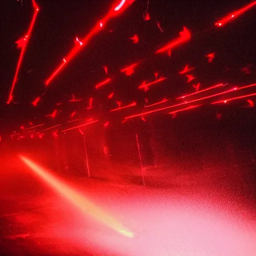 Prompt: giant group smoke bodies, lasers, darkness, from behind, wide angle, elaborate, smoke, red dot, highly detailed, beautiful lighting