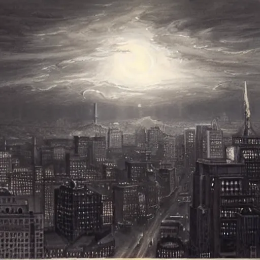 Prompt: photorealistc painting of a nightmarish boston downtown skyline in 1 9 2 5 at night with a horrifying sky, aerial view, dark, brooding, night, atmospheric, horror, cosmic, ultra - realistic, smooth, highly detailed by dave dorman