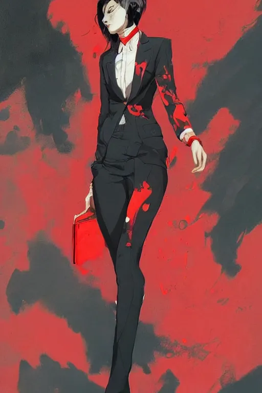Image similar to a ultradetailed beautiful painting of a stylish female, wearing suit and tie, by conrad roset, red and black, greg rutkowski and makoto shinkai trending on artstation