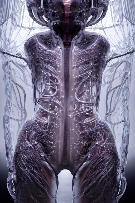 Image similar to iris van herpen, perfect symmetrical body, helmet on face, full body shot, inflateble shapes, wires, tubes, veins, jellyfish, white biomechanical details, wearing epic bionic cyborg implants, masterpiece, intricate, biopunk, vogue, highly detailed, artstation, concept art, cyberpunk, octane render