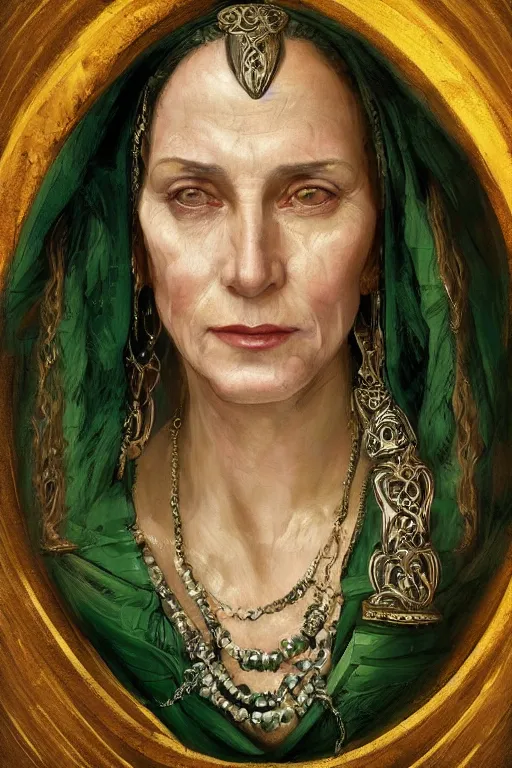 Image similar to portrait, headshot, digital painting, of a 17th century, beautiful, middle aged, middle eastern, wrinkles, decadent, cyborg noble woman, dark hair, amber jewels, baroque, ornate dark green opulent clothing, scifi, futuristic, realistic, hyperdetailed, concept art, chiaroscuro, dramatic backlighting, golden hour, autochrome, art by syd mead