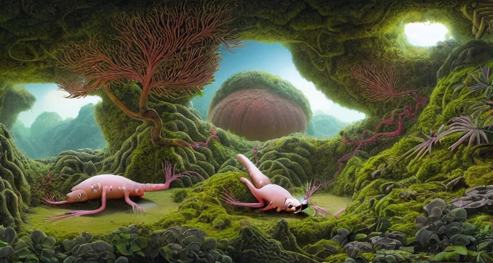 Image similar to axolotl, huge woodlouse, bones of dead animals, solovetsky labyrinths, a landscape on the moon with craters, a lot of exotic vegetations, trees, flowers, a beautiful flowering garden, intricate detaild, pale colors, 8 k, in the style of martin johnson heade and roger dean