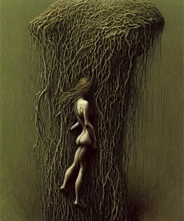 Image similar to woman standing. illustration of arachnophobia, fear of spiders, incredible amount of spiders, bugs. extremely high details, realistic, horror, creepy, masterpiece, art by zdzislaw beksinski, arthur rackham, dariusz zawadzki