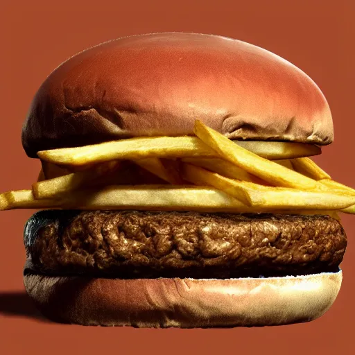 Image similar to a very realistic picture of a hamburger with french fries , ultra realistic, hyper detail,