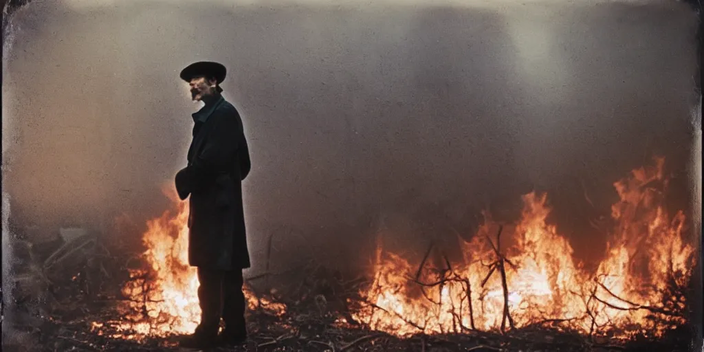 Prompt: detailed analog medium format photo made by tarkovsky, polaroid photo of a man in haki trenchcoat standing outside abandoned building in country while it is burning in flames, high production value, intricate details, 8 k resolution, hyperrealistic, hdr, photorealistic, high definition, tehnicolor, award - winning photography, masterpiece, amazing colors,