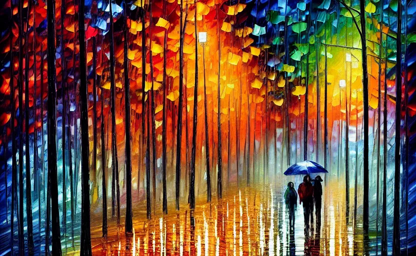 Image similar to walking through a gloomy forest in the rain at night by leonid afremov, oil painting!!!, intricate details!!!, fine brush!!!!!!