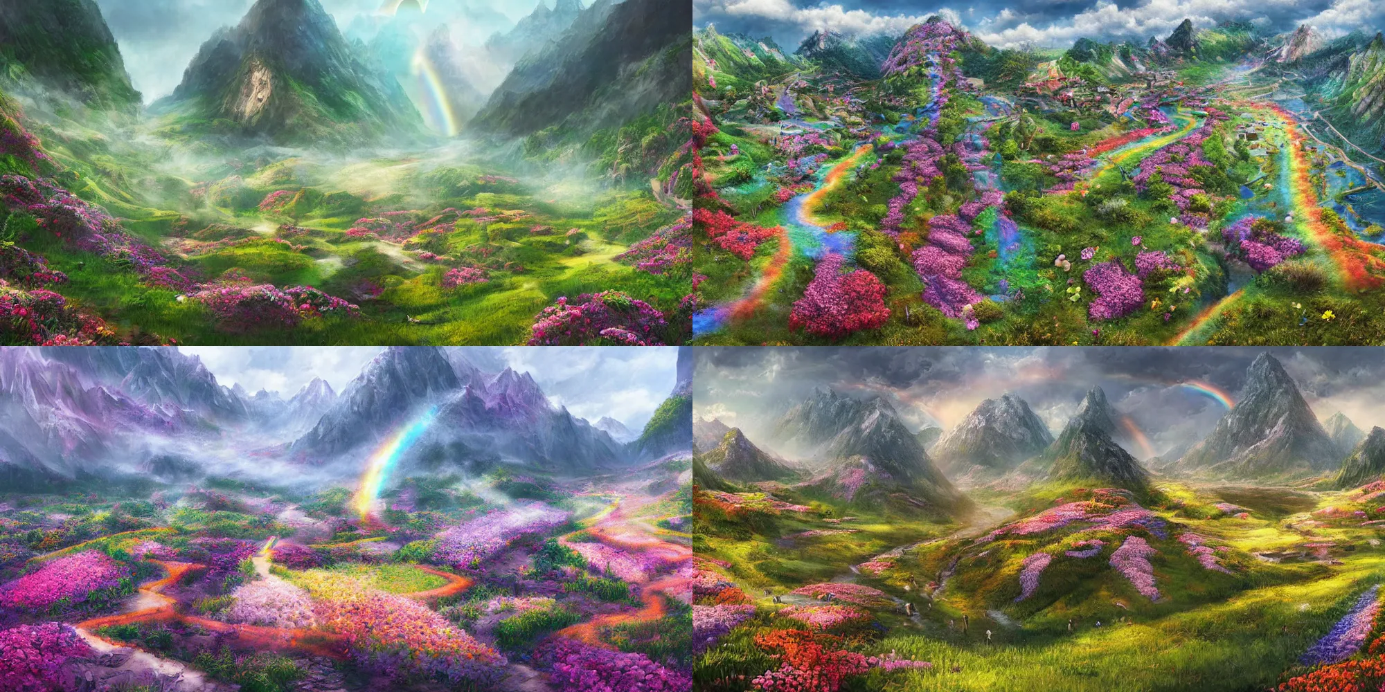 Prompt: : hyper-realistic illustration of valley filled with flowers unicorns and rainbows trending on ArtStation, deviantart, -H 1024