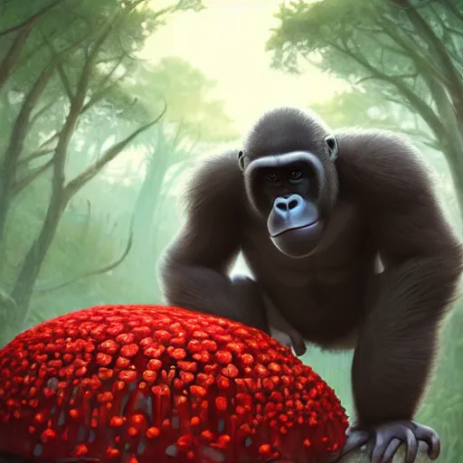 Image similar to a wholesome animation key shot of a small gorilla holding a amanita muscaria, chilled out smirk on face, driving a jeep, studio ghibli, pixar and disney animation, sharp, rendered in unreal engine 5, anime key art by greg rutkowski, bloom, dramatic lighting