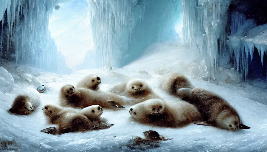 Prompt: highly detailed painting of cute furry white baby seals eating fish inside a snowy fantasy ice crystal cavern by william turner, by greg rutkowski, by william constable, thick brush strokes and visible paint layers, 4 k resolution