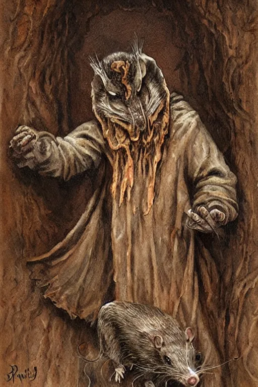 Prompt: a sniveling rat person wearing a decaying brown cloak, painting by ed binkley
