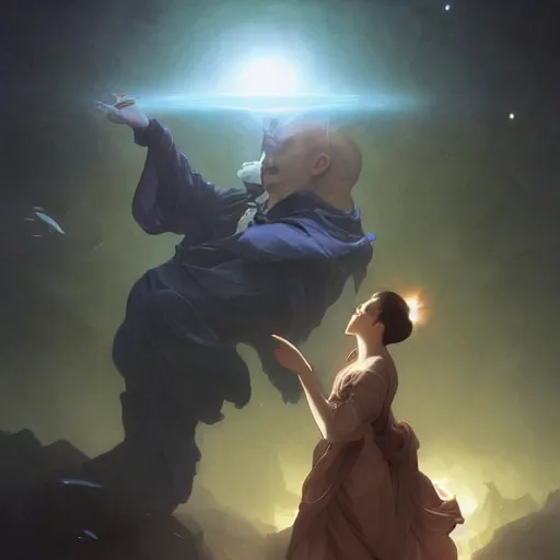 Prompt: A man drinking a cup of cosmic energy bright light, illustration by Ruan Jia and Mandy Jurgens and William-Adolphe Bouguereau, Artgerm, 4k, digital art, surreal, anime style, space dandy style, highly detailed, godsend, artstation, digital painting, concept art, smooth, sharp focus, illustration by Ruan Jia and Mandy Jurgens and William-Adolphe Bouguereau, Artgerm