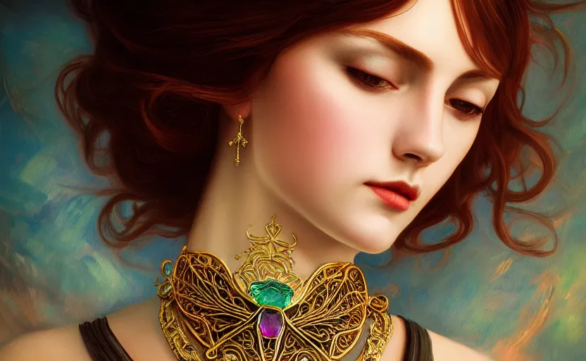 Image similar to highly detailed oil painting, centered in image, art nouveau, ornate, delicate, brilliant magical gemstones choker, around a neck, octane render, realistic, dramatic light,