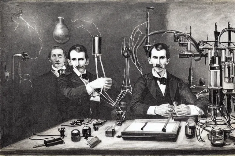 Prompt: Nikola Tesla in his science electric laboratory, with arms open between two tesla coils working, ultra detailed painting, wide angle lens, painted by Gustave Courbet