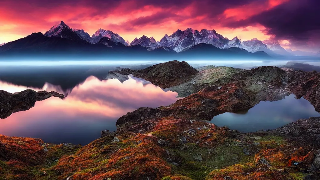 Image similar to amazing landscape photo of mountains with lake in sunset by marc adamus, beautiful dramatic lighting