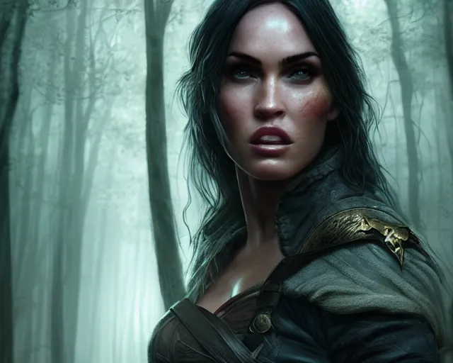 Image similar to 5 5 mm portrait photo of a real life tough looking megan fox as ciri with a large scar along her left cheek, in a magical forest. dark atmosphere. art by greg rutkowski. highly detailed 8 k. intricate. lifelike. soft light. nikon d 8 5 0.