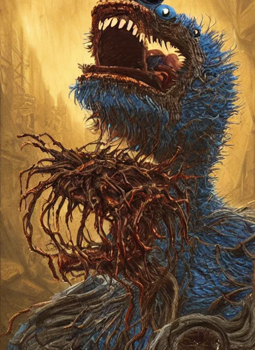Image similar to portrait of Cookie Monster from Evil Dead (2013), intricate, highly detailed, centered, digital painting, artstation, concept art, smooth, sharp focus, illustration, artgerm, donato giancola, Joseph Christian Leyendecker, WLOP, Artgerm