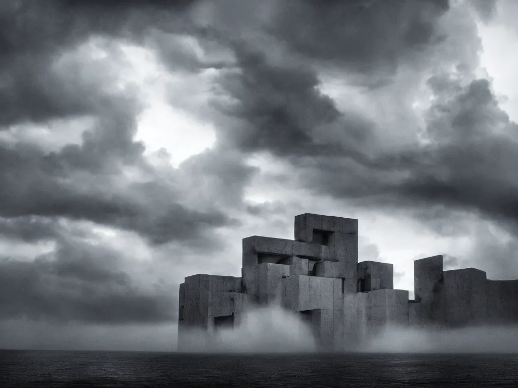 Image similar to photo of a brutalist building in the middle of a storm. realistic clouds that resemble levitating large rocks. impressive, magical, very atmospheric, fog, cinematic, deep, very high complexity, stunning, dramatic masterpiece, iridescent, chiaroscuro, romantism, very detailed. 4 k