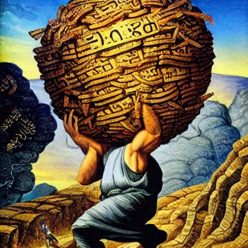 Prompt: Benjamin Netanyahu depicted as Sisyphus, carrying sacks of money up a mountain in hell, by Michael Cheval