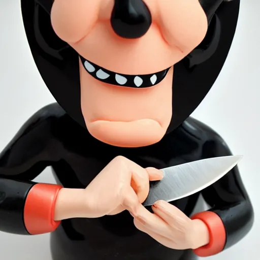 Prompt: collectible vinyl designer toy, cartoon character, head shaped as crescent moon, creepy smiling evil face with wrinkles, holds a small knife in hand