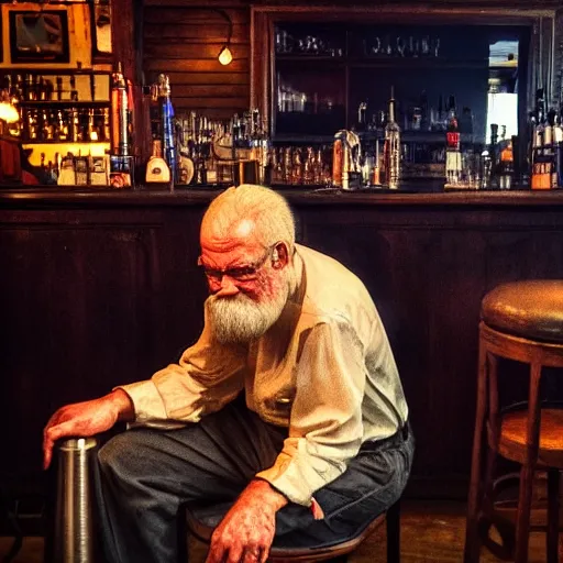 Image similar to old man sitting at bar, pub, smoky lighting, dim, barstool, person drinking, side sketch, artstation award, highly detailed, ultra - realistic, moody atmosphere, color palette