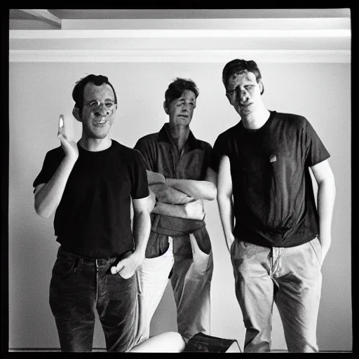 Prompt: four Simon Cowells looking into camera, berating me. They left shortly after this was taken. hasselblad 50mm photo highly detailed