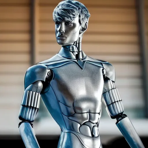 Image similar to a realistic detailed photo of a guy who is an attractive humanoid who is half robot and half humanoid, who is a male android, soccer player martin ødegaard, shiny skin, posing like a statue, blank stare, by the pool, on display, showing off his muscles, humanoid robot, frozen ice statue