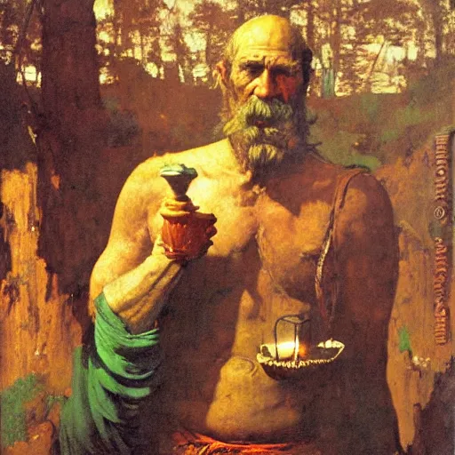 Prompt: interior of enormous clay jar Portrait Portrait of Diogenes the Cynic donning hobo costume whilst brandishing lantern whilst resting in an enormous clay jar winslow homer theodore gericault norman rockwell donato giancola john william waterhouse maxfield parrish mikhail vrubel arkhip kuindzhi astri lohne stained lacquer glaze