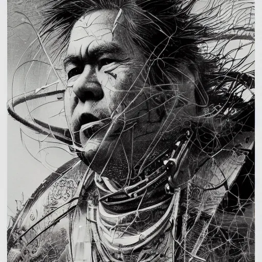 Image similar to Yoshitaka Amano realistic illustration of jeb bush ,hair fluttering in the wind, cracks on his face wearing Elden ring armour with engraving, abstract black and white patterns on the background, noisy film grain effect, highly detailed, Renaissance oil painting, weird portrait angle, blurred lost edges, three quarter view