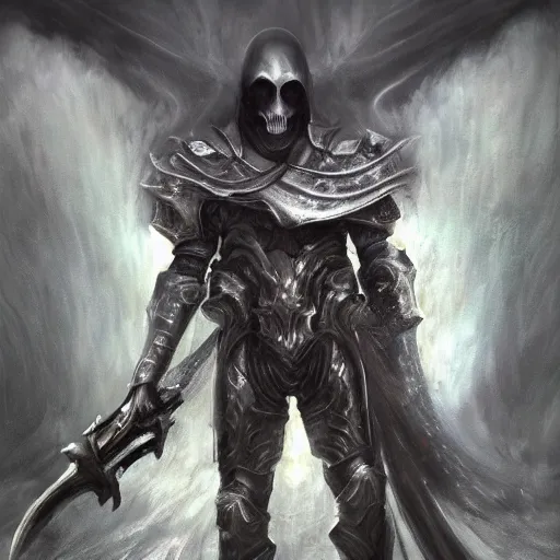Prompt: the reaper of souls in heavy armor, artstation hall of fame gallery, editors choice, #1 digital painting of all time, most beautiful image ever created, emotionally evocative, greatest art ever made, lifetime achievement magnum opus masterpiece, the most amazing breathtaking image with the deepest message ever painted, a thing of beauty beyond imagination or words