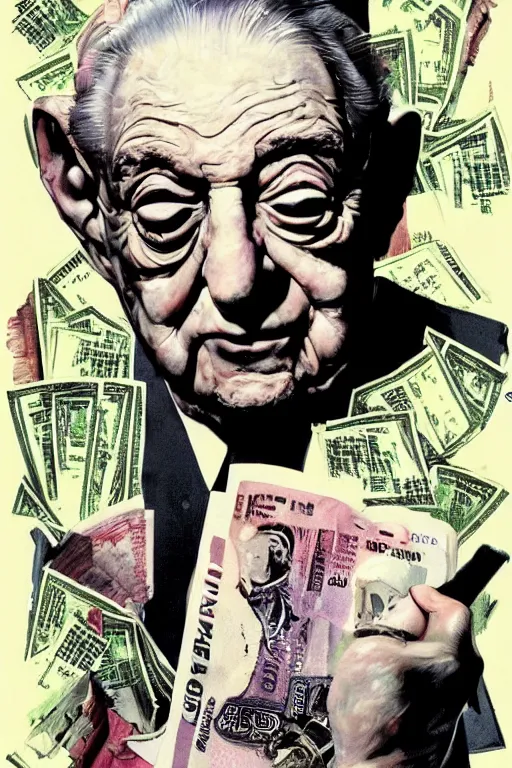 Image similar to George Soros full body shot, dollar bills Body horror, biopunk, by Ralph Steadman, Francis Bacon, Hunter S Thompson